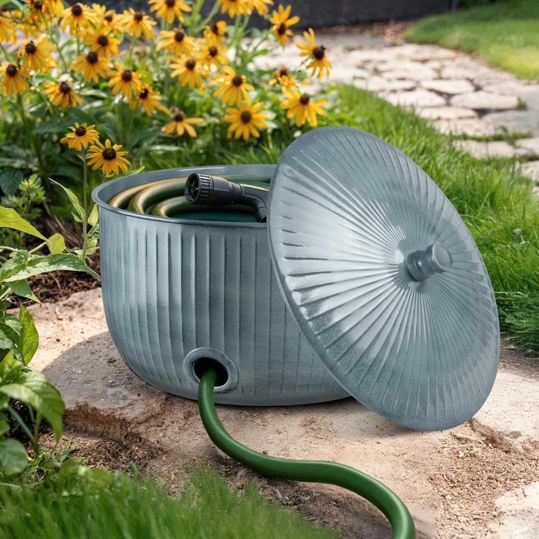 Monarch Abode Garden Hose Holder with Lid – Decorative Water Hose Holders for Outside, Ridge Embossed Metal Matte Black Pot with Drainage, 100ft Waterhose Holder for Outside, Garden Storage Caddy