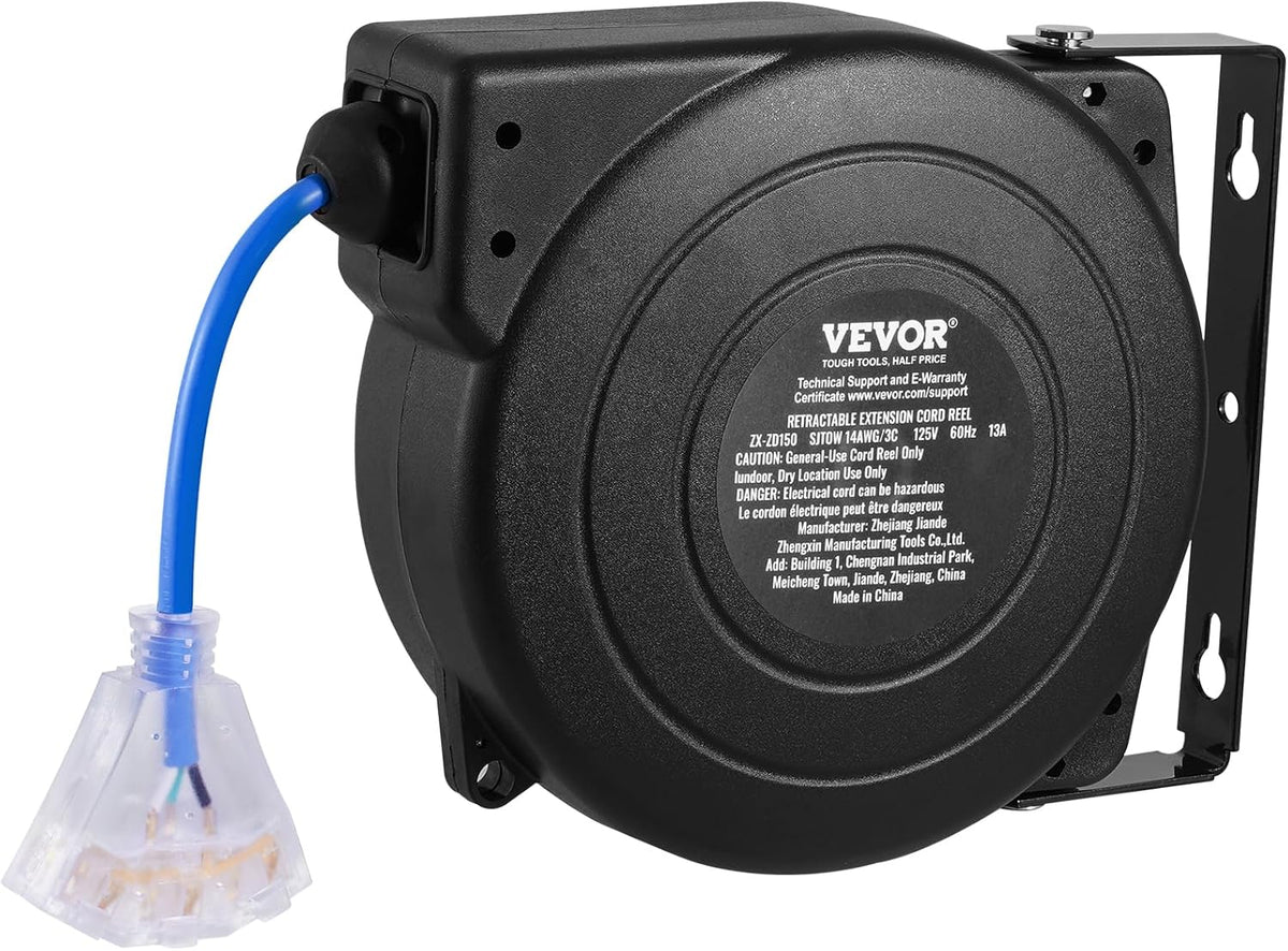 65FT Retractable Extension Cord Reel, Heavy Duty 12AWG/3C SJTOW Cord