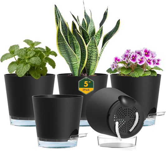 Meowell Self Watering Pots Pack of 6 – Different Size 4" to 7" Indoor Plant Pots with Drainage Holes and Clear Reservoir for Visible Water Level, Plastic Wicking Planters for House Plants, White
