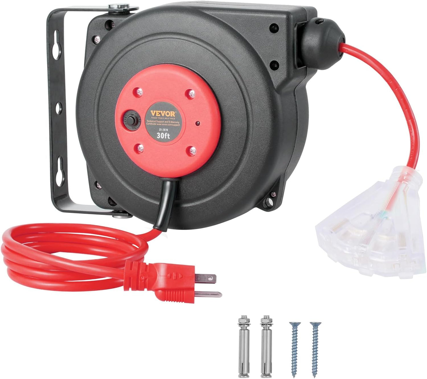 65FT Retractable Extension Cord Reel, Heavy Duty 12AWG/3C SJTOW Cord