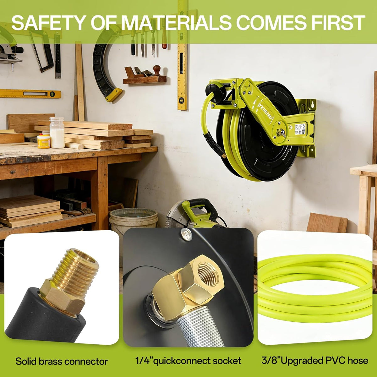 Retractable Garden Hose Reel, 50 FT Hi-Vis Neon Green Hybrid Hose, 300 PSI Heavy Duty Steel Reel, Auto Rewind, Wall Mount, for Lawn & Yard Gardening, 1/4" NPT