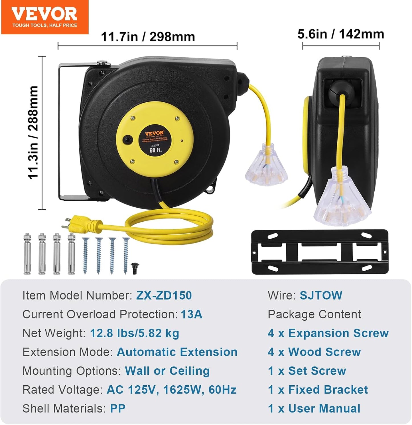 65FT Retractable Extension Cord Reel, Heavy Duty 12AWG/3C SJTOW Cord