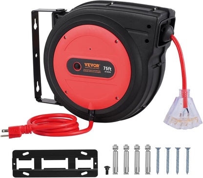 65FT Retractable Extension Cord Reel, Heavy Duty 12AWG/3C SJTOW Cord