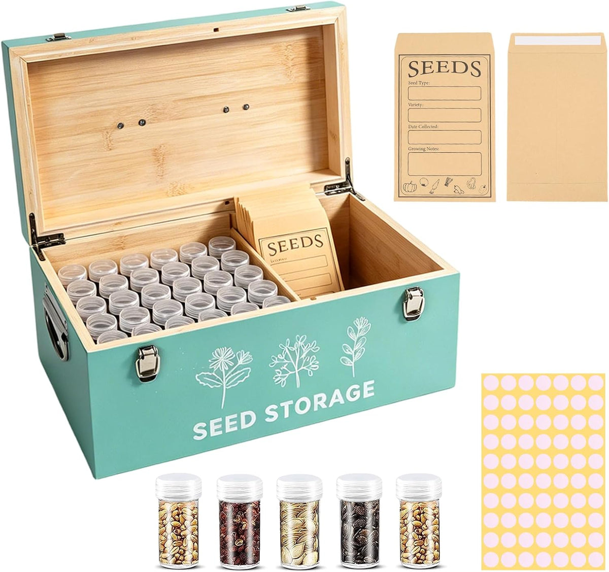 60 Slots Seed Storage Organizer, Metal Seed Saving Box with Lid and Safety Locks, Seeds Storage Container with 60 Seeds Envelopes and 64 Label, 3 Compartments, Perfect for Flower Plants Garden