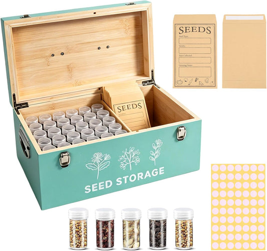 60 Slots Seed Storage Organizer, Metal Seed Saving Box with Lid and Safety Locks, Seeds Storage Container with 60 Seeds Envelopes and 64 Label, 3 Compartments, Perfect for Flower Plants Garden