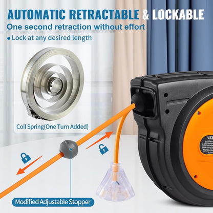 65FT Retractable Extension Cord Reel, Heavy Duty 12AWG/3C SJTOW Cord