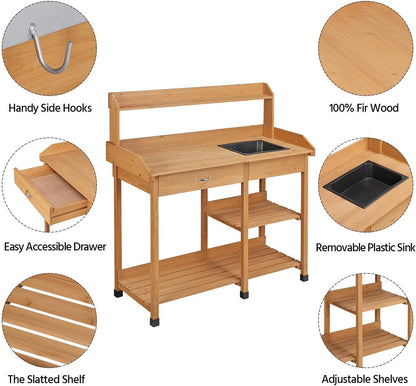 Yaheetech Potting Bench Outdoor Garden Work Bench Station Planting Solid Wood Construction for Horticulture w/Sink Drawer Rack Shelves Natural Wood