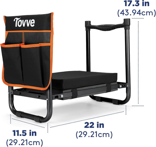 Tovve Foldable Garden Kneeler and Seat, Heavy Duty Garden Stool with 10" Wide Detachable Kneeling Pad, Portable Garden Bench Chair with Large Garden Tool Bag, Gardening Gifts for Women, Seniors, Mom