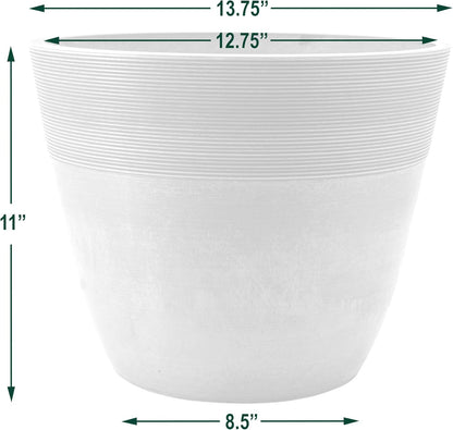 PSW Pot Collection 16-inch Plastic/Stone/Wood Composite Large Ribbed Planter – No Drainage Hole (Drillable), Indoor/Outer Garden Pot for Foliage, Trees, Flowers, Ferns, Cement Gray