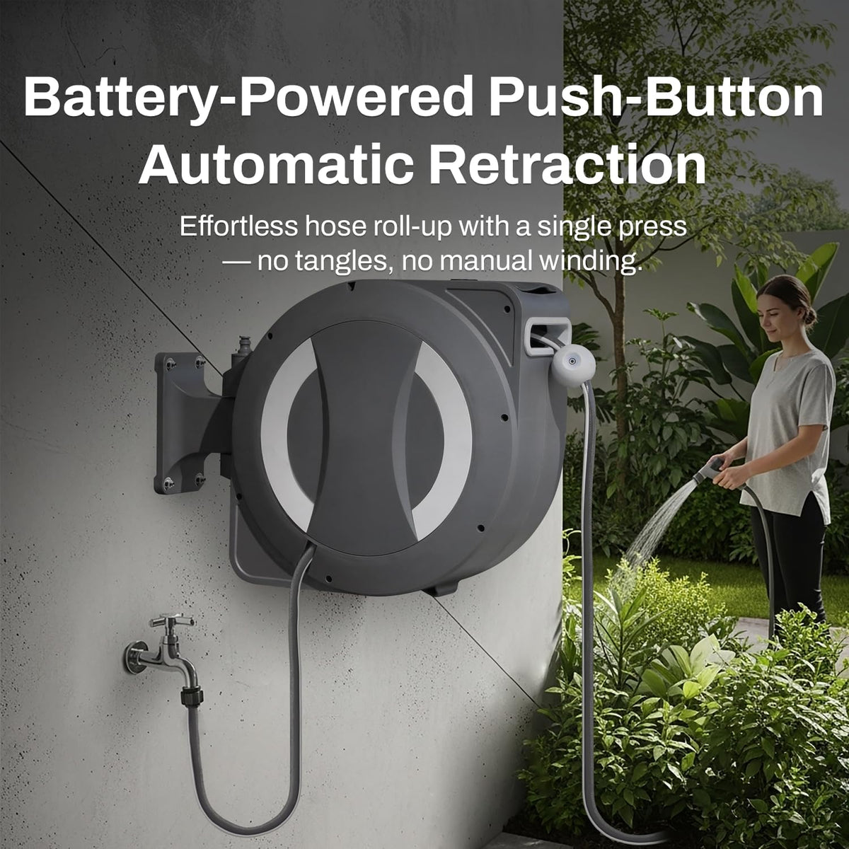 Betta EaseReel Battery-Powered Wall-Mounted Retractable Hose Reel, with Quick-Access Dual Hose Length Control, 8 Spray Patterns Nozzle, Automatic Roll-Up & Tangle-Free Hose Guide (1/2'', 100FT/30m)