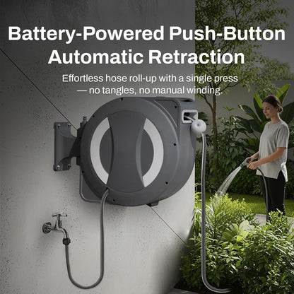 Betta EaseReel Battery-Powered Wall-Mounted Retractable Hose Reel, with Quick-Access Dual Hose Length Control, 8 Spray Patterns Nozzle, Automatic Roll-Up & Tangle-Free Hose Guide (1/2'', 100FT/30m)