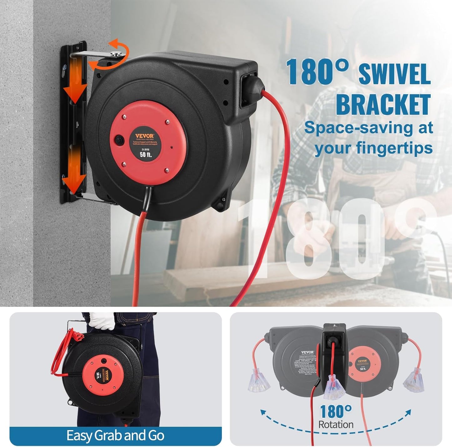 65FT Retractable Extension Cord Reel, Heavy Duty 12AWG/3C SJTOW Cord