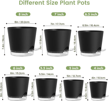 Meowell Self Watering Pots Pack of 6 – Different Size 4" to 7" Indoor Plant Pots with Drainage Holes and Clear Reservoir for Visible Water Level, Plastic Wicking Planters for House Plants, White