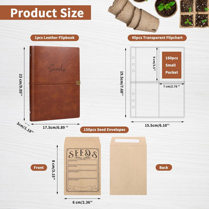 Garden Seed Storage Organizer Binder - 150 Resealable Seed Envelopes Brown Shell with 40 Sheet Protectors for Efficient Seed Packet Organization - Brown
