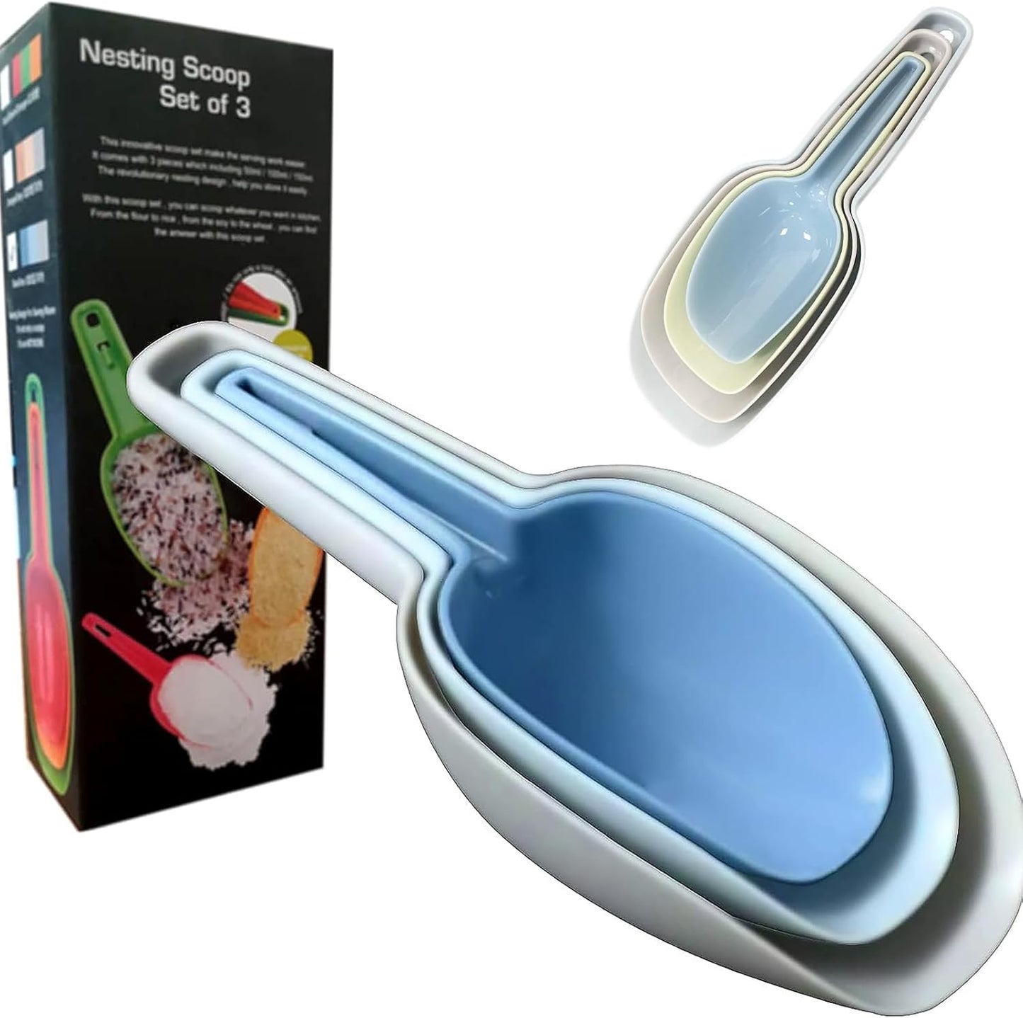 Flour Scoop Set of 3 for Canisters, Ice, Popcorn, Pet Food, Dry Goods, Coffee Beans, Candy - Plastic Scoops 1.7/3.4/5.1 oz