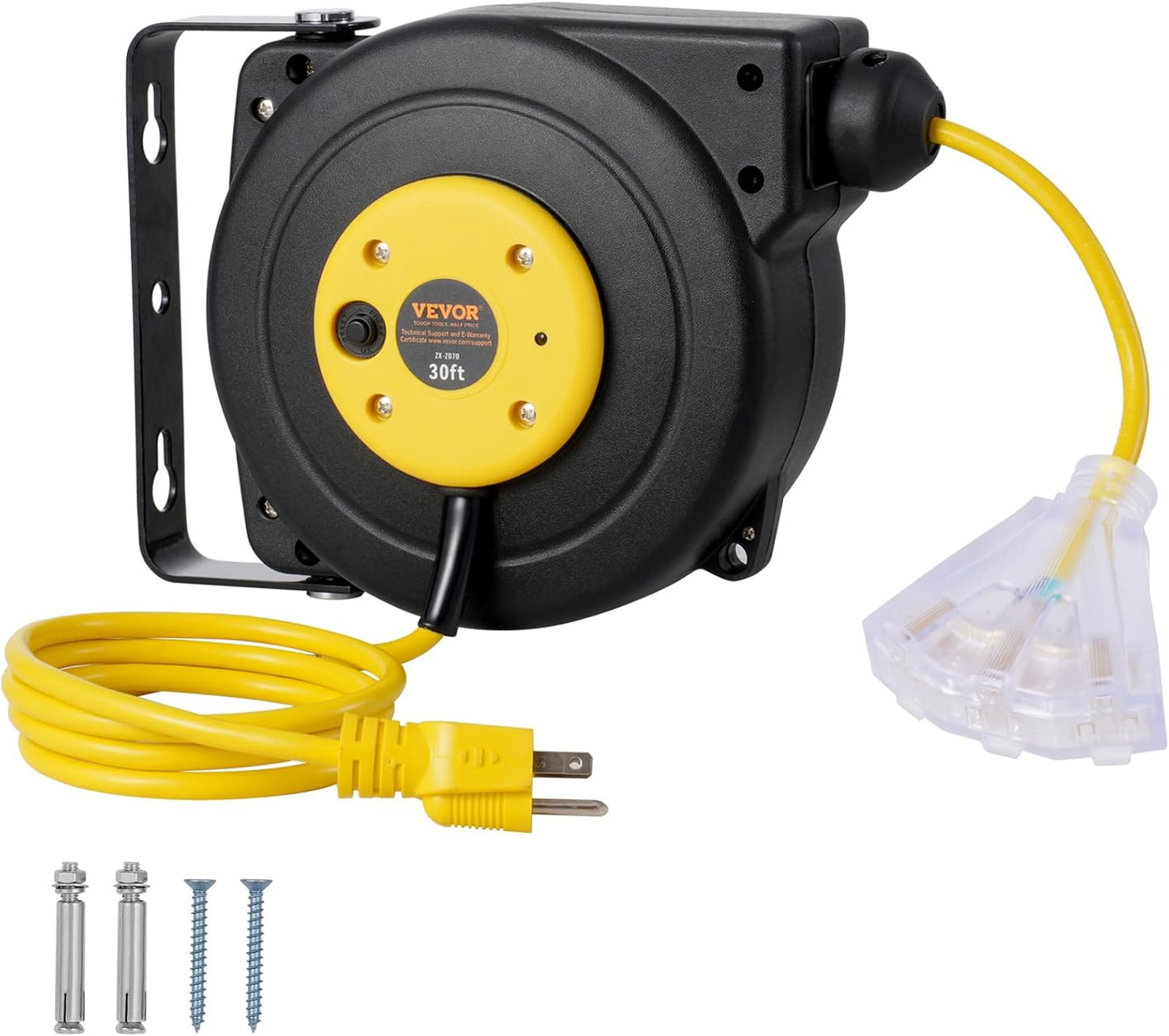 65FT Retractable Extension Cord Reel, Heavy Duty 12AWG/3C SJTOW Cord