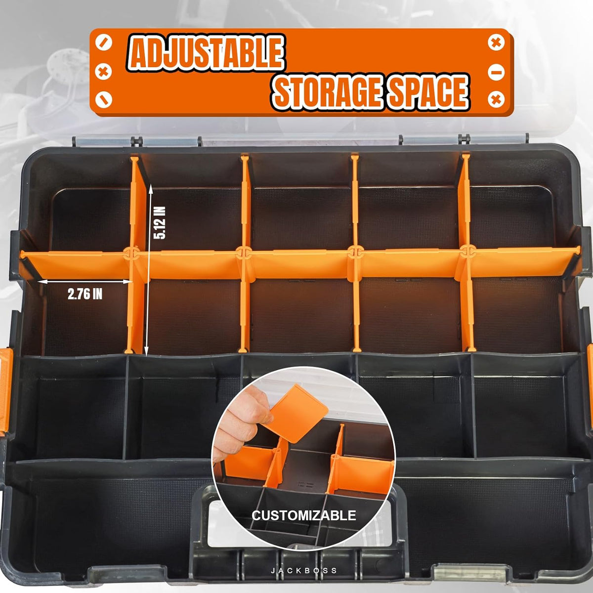 Jack Boss Tool Box with Transparent Lid, Double Side 34-Compartments Organizer Box with Removable Dividers for Hardware, Screws, Bolts, Nails, Beads, Jewelry and Fishing Accessories, Orange, 2 Pack