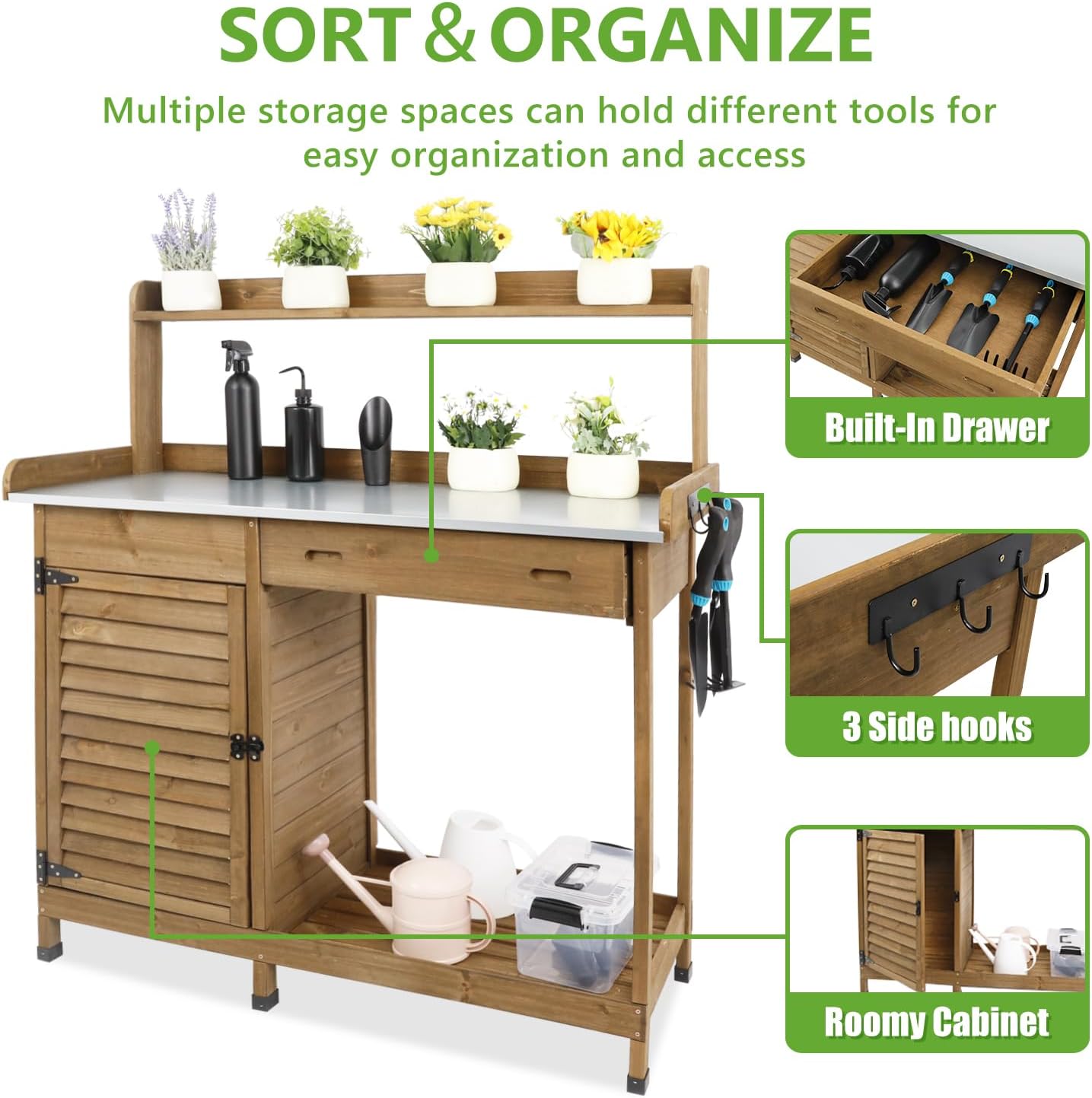 PetsCosset Folding Garden Potting Bench Table，Outdoor Wooden Work Station W/Metal Table Top,2 Tier Open Storage Rack,Top Shelf-Natural Stained