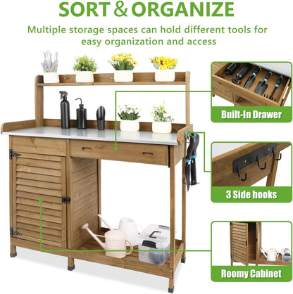 PetsCosset Folding Garden Potting Bench Table，Outdoor Wooden Work Station W/Metal Table Top,2 Tier Open Storage Rack,Top Shelf-Natural Stained
