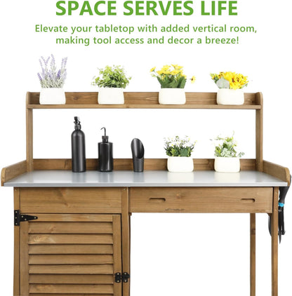 PetsCosset Folding Garden Potting Bench Table，Outdoor Wooden Work Station W/Metal Table Top,2 Tier Open Storage Rack,Top Shelf-Natural Stained