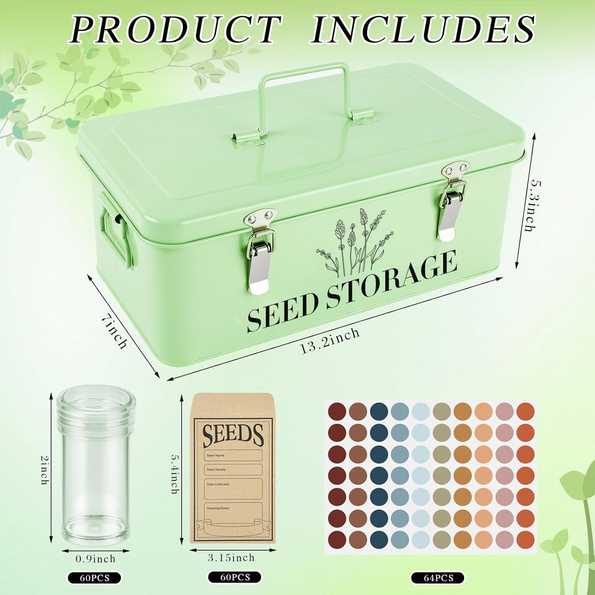 60 Slots Seed Storage Box with 4 Dividers, Metal Seed Storage Organizer Saving Box, Seeds Packet Container, Professional All-in-One Kit with 60 Seeds Envelopes and Label Stickers