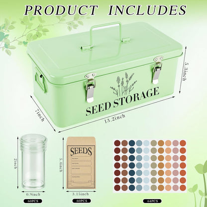 60 Slots Seed Storage Box with 4 Dividers, Metal Seed Storage Organizer Saving Box, Seeds Packet Container, Professional All-in-One Kit with 60 Seeds Envelopes and Label Stickers