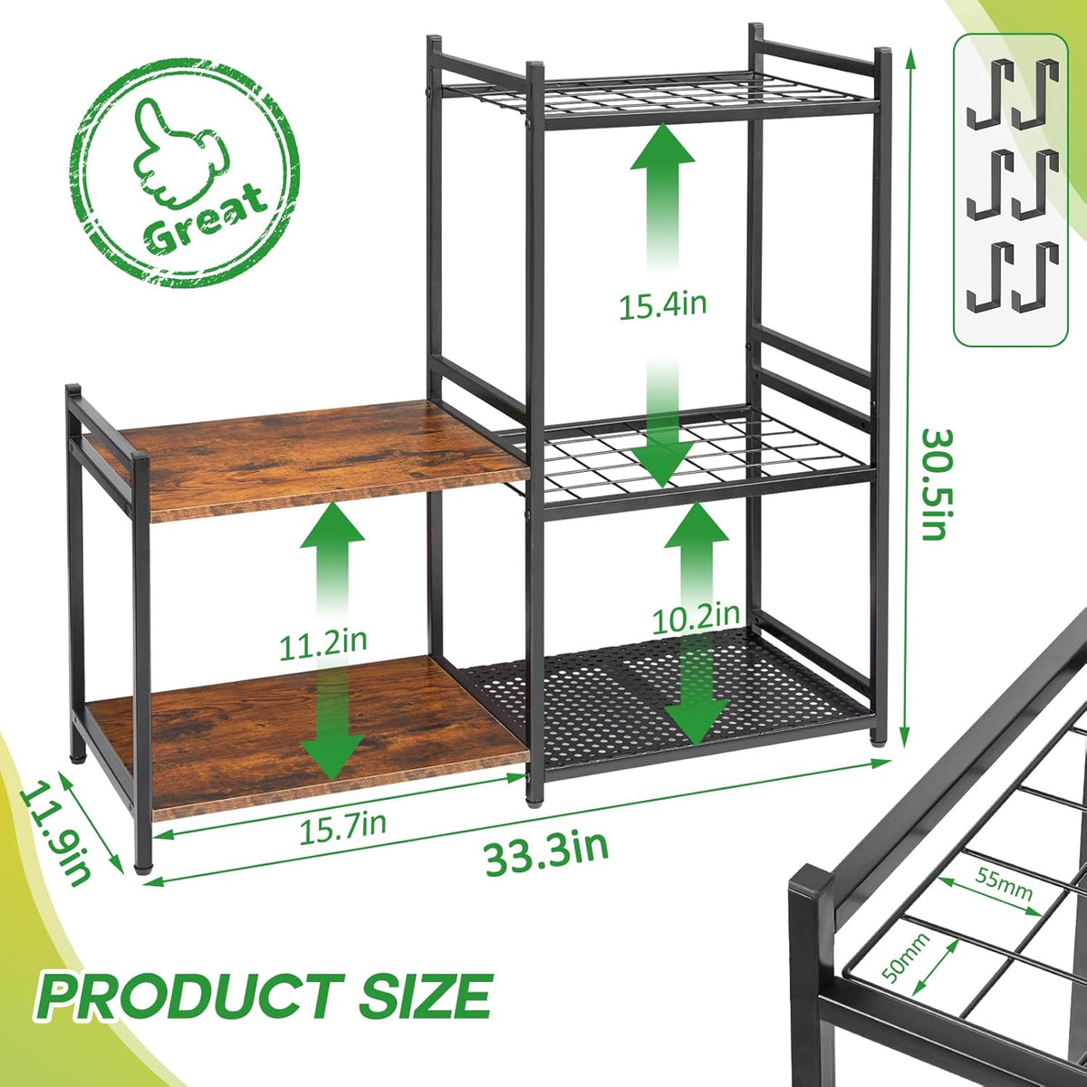 DAOUTIME Garden Organizer With Wheels, Yard Tower Rack for Garage Storage, Up to 35 Long-Handled Tools, Sturdy Metal Steel Holder With 3 Hooks, Outdoor, Black