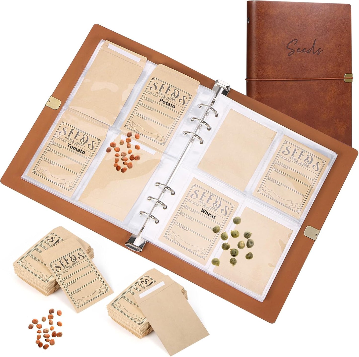 Garden Seed Storage Organizer Binder - 150 Resealable Seed Envelopes Brown Shell with 40 Sheet Protectors for Efficient Seed Packet Organization - Brown