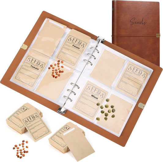 Garden Seed Storage Organizer Binder - 150 Resealable Seed Envelopes Brown Shell with 40 Sheet Protectors for Efficient Seed Packet Organization - Brown