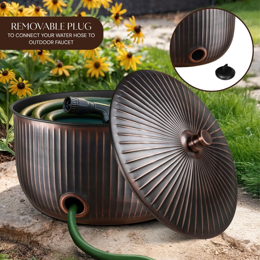Monarch Abode Garden Hose Holder with Lid – Decorative Water Hose Holders for Outside, Ridge Embossed Metal Matte Black Pot with Drainage, 100ft Waterhose Holder for Outside, Garden Storage Caddy