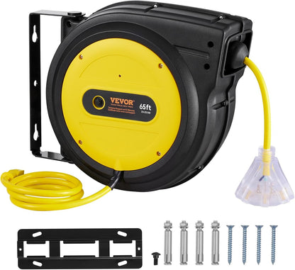 65FT Retractable Extension Cord Reel, Heavy Duty 12AWG/3C SJTOW Cord