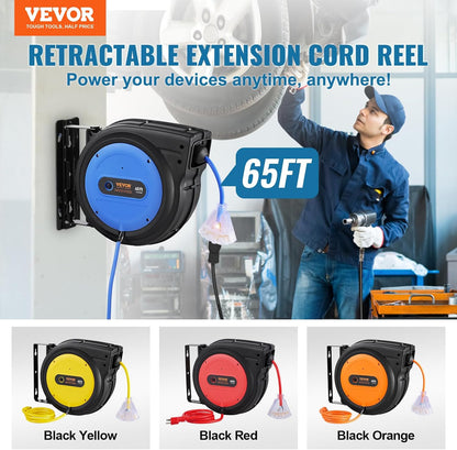 65FT Retractable Extension Cord Reel, Heavy Duty 12AWG/3C SJTOW Cord