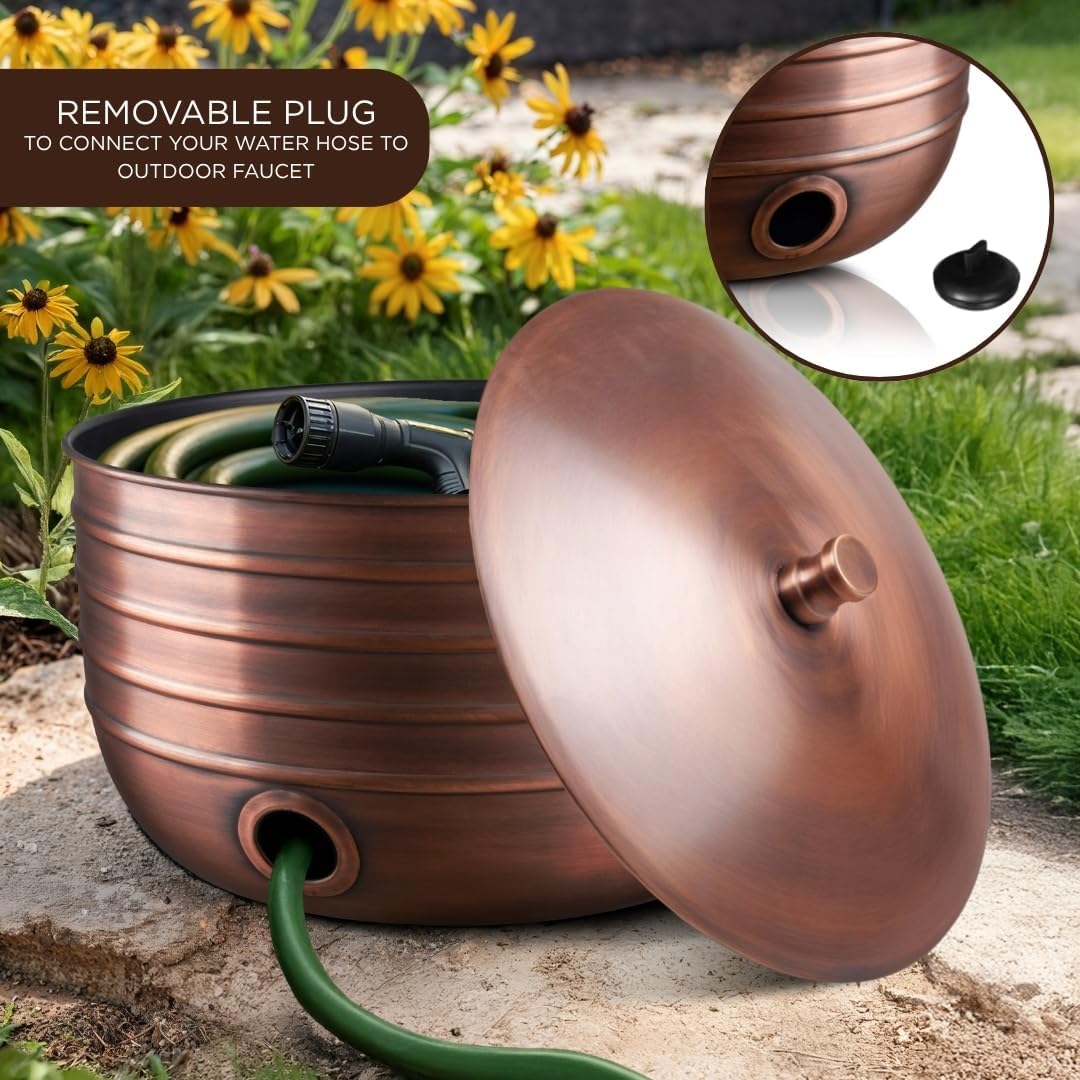 Monarch Abode Garden Hose Holder with Lid – Decorative Water Hose Holders for Outside, Border Embossed Metal Patina Pot with Drainage, 100ft Waterhose Holder for Outside, Garden Storage Caddy
