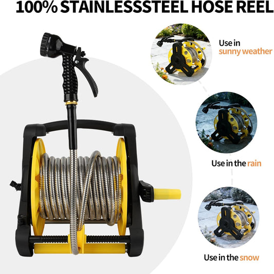 Retractable Garden Hose Reel, Heavy Duty Stainless Steel Water Hose,Male to Female Fittings, Easy to Use and Store, Strong and Sturdy, Suitable for Yard and Lawn (100FT)