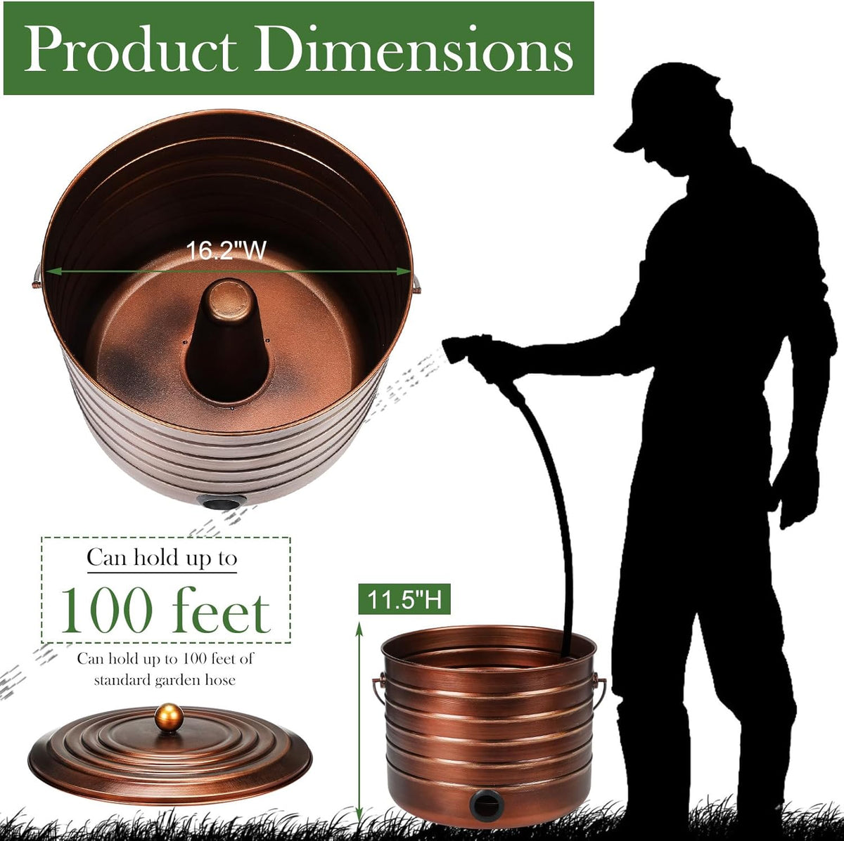 FillTouch Garden Hose Pot with Lid and Handle, Matte Black Ribbed Steel Garden Hose Holder Water Hose Storage Container for Outside Backyard Patio, Holds 100ft Hose