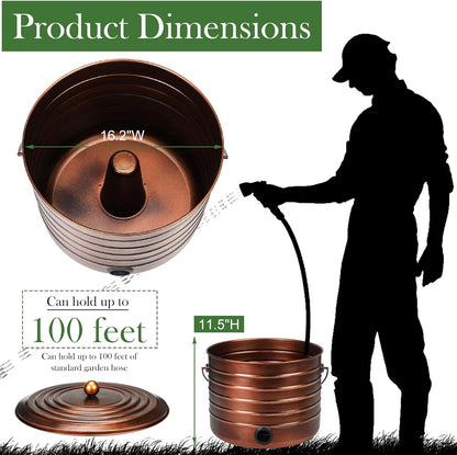 FillTouch Garden Hose Pot with Lid and Handle, Matte Black Ribbed Steel Garden Hose Holder Water Hose Storage Container for Outside Backyard Patio, Holds 100ft Hose