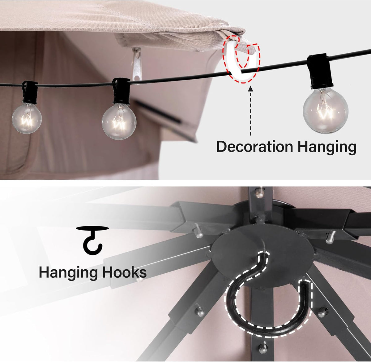 10x20 Gazebo Canopy with 100FT String Lights, Metal Heavy Duty Patio Canopy Tent with Double Roofs, Mosquito Nettings and Privacy Screens for Backyard, Garden, Lawn, Gray