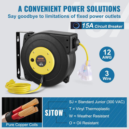 65FT Retractable Extension Cord Reel, Heavy Duty 12AWG/3C SJTOW Cord