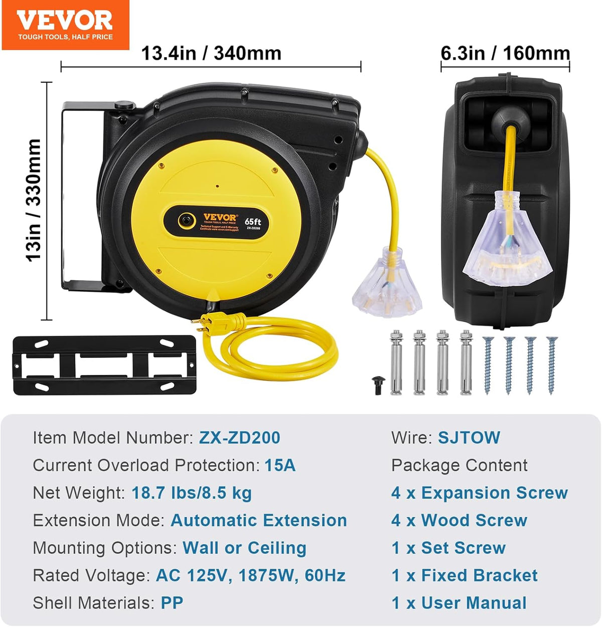 65FT Retractable Extension Cord Reel, Heavy Duty 12AWG/3C SJTOW Cord