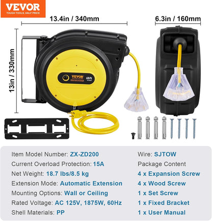 65FT Retractable Extension Cord Reel, Heavy Duty 12AWG/3C SJTOW Cord