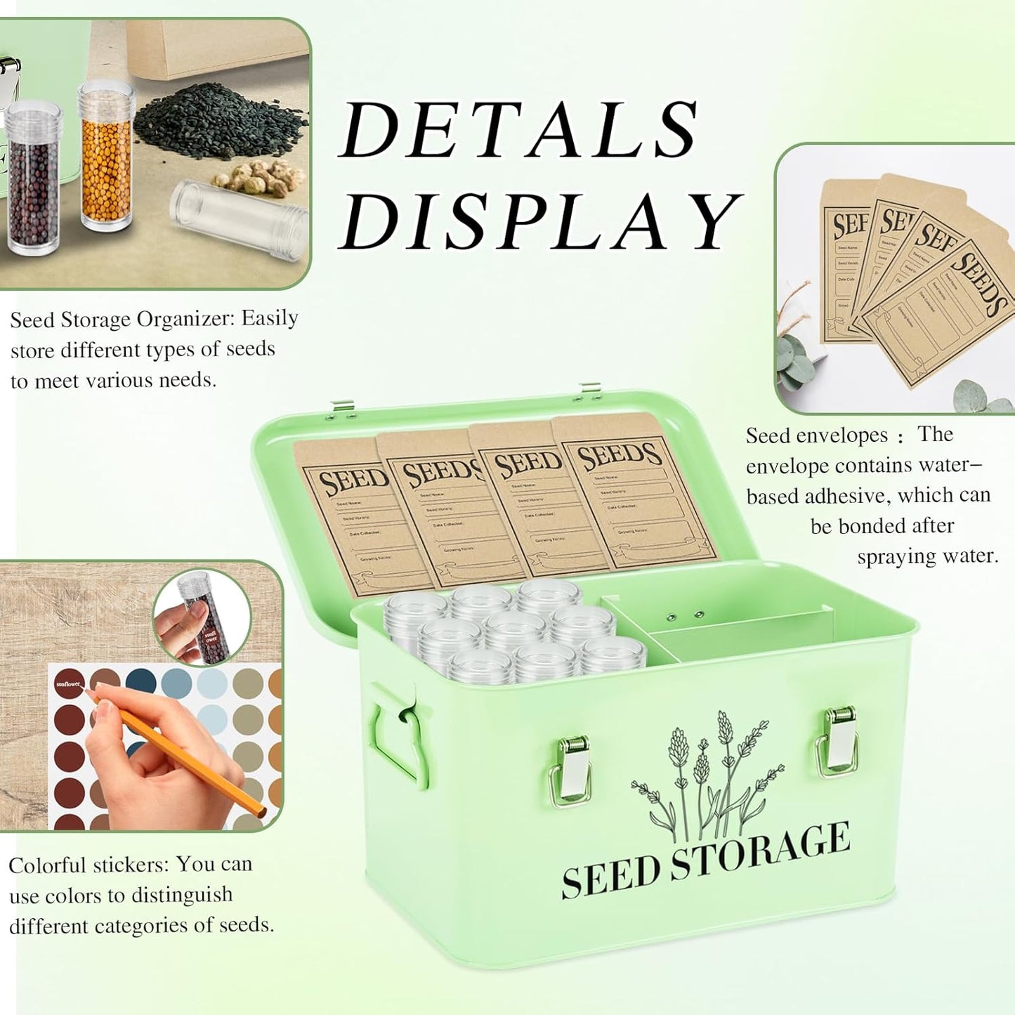 60 Slots Seed Storage Box with 4 Dividers, Metal Seed Storage Organizer Saving Box, Seeds Packet Container, Professional All-in-One Kit with 60 Seeds Envelopes and Label Stickers