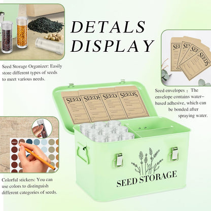 60 Slots Seed Storage Box with 4 Dividers, Metal Seed Storage Organizer Saving Box, Seeds Packet Container, Professional All-in-One Kit with 60 Seeds Envelopes and Label Stickers