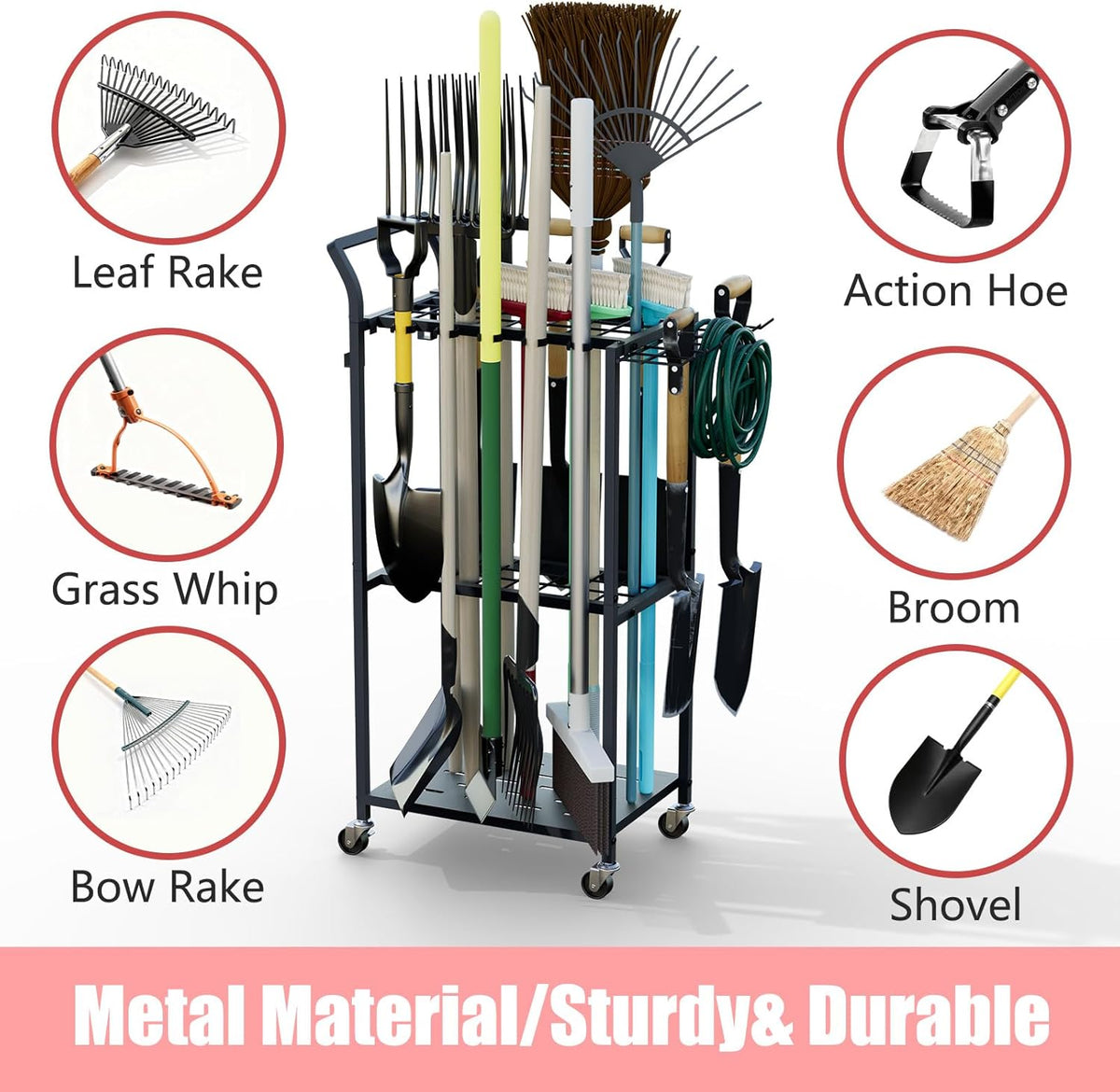 Faesun Garden Tool Organizer, 3-Tier Metal Yard Tool Rack with 14 Hooks & 5 Slots, Holds 50+ Rakes/Shovels/Brooms, Heavy Duty Freestanding Lawn Tool Storage for Garage Shed Outdoor Organization
