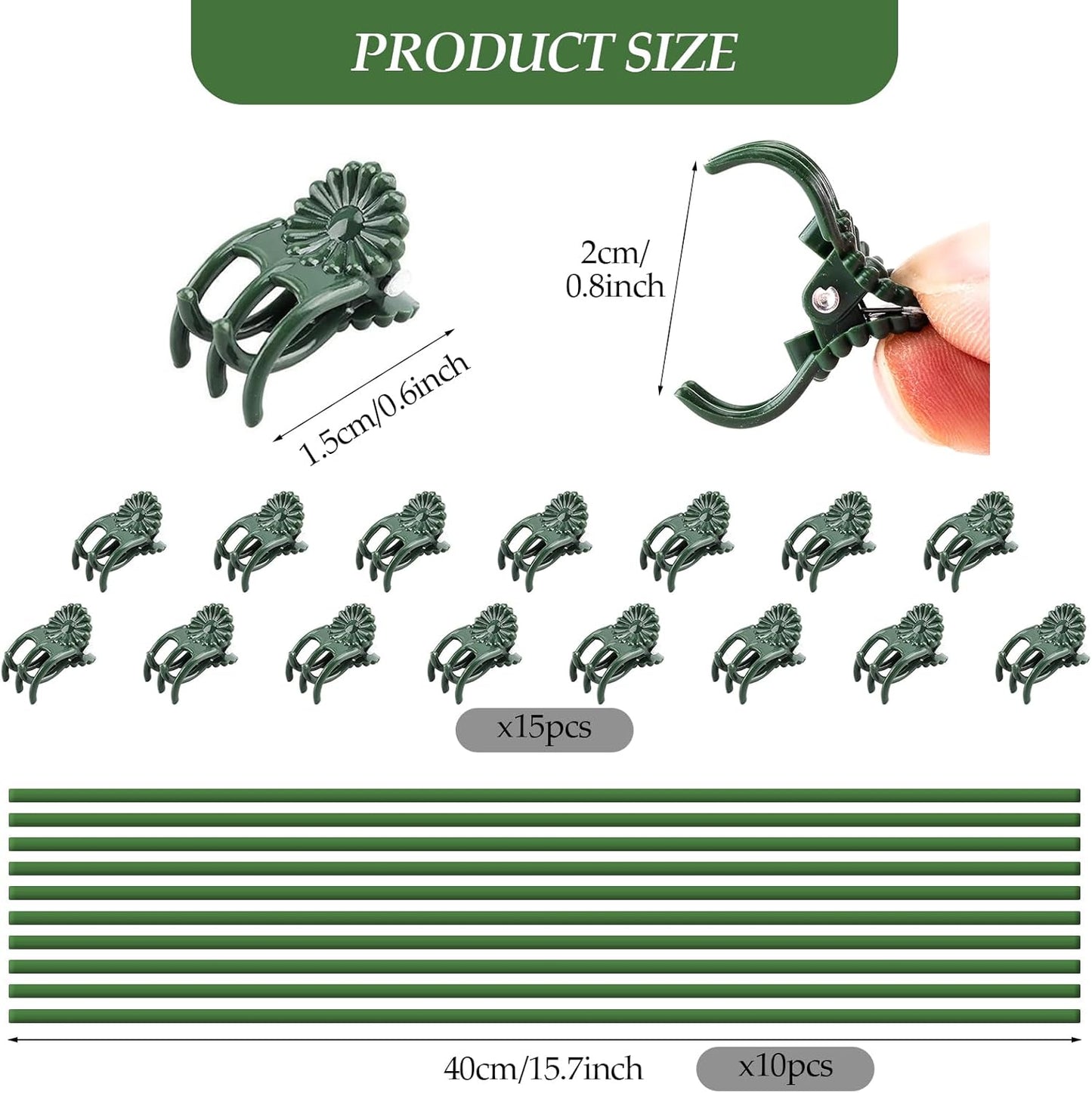 10 Pack 15.7" Plant Support Stakes with 15 Clips, Green Bendable Orchid Stakes for Indoor Outdoor Plants, Plastic Coated Plant Sticks Support for Potted Flowers, Vines, Roses, Tall Stem Plants