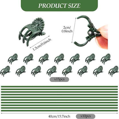 10 Pack 15.7" Plant Support Stakes with 15 Clips, Green Bendable Orchid Stakes for Indoor Outdoor Plants, Plastic Coated Plant Sticks Support for Potted Flowers, Vines, Roses, Tall Stem Plants