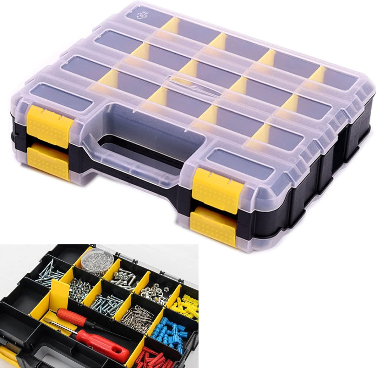 Small Parts Storage Case Tools Box Organizer Double Side 34 Compartments Hardware Organizers with Removable Plastic Dividers for Screws Nuts Nails Bolts