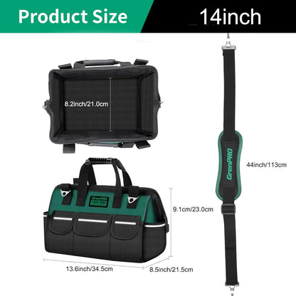 GrenPRO Garden Tool Bag Molded Bottom, Heavy Duty Tool Tote Toolbox with 10 Pockets, Reinforced & Top Snap Closure for Gardening Tools Storage, Dark Green(Tools Not Included)