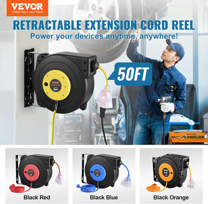 65FT Retractable Extension Cord Reel, Heavy Duty 12AWG/3C SJTOW Cord