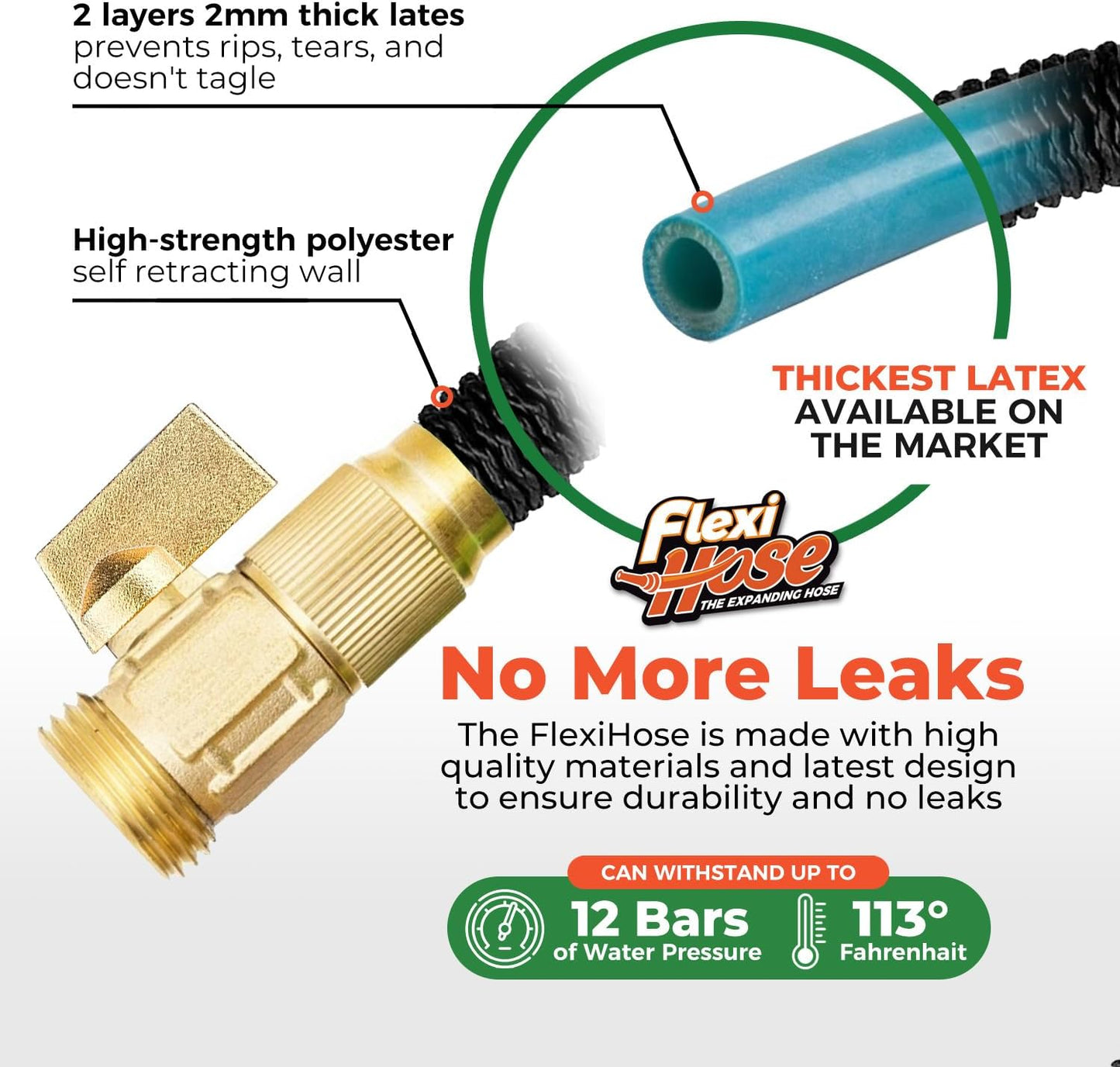 Flexi Hose Lightweight Expandable Garden Hose, 150FT -Retractable Garden Hose, Water Hose - No-Kink Flexibility, 3/4 Inch Solid Brass Fittings and Double Latex Core