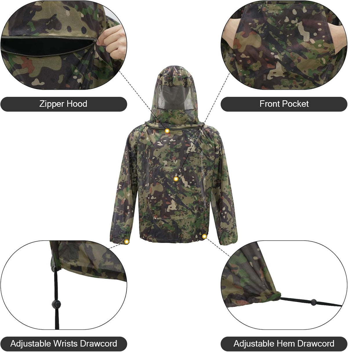 Mosquito Netting Suit Bug Net Mesh Clothing with Hood Outdoor Garden Hunting Camo Protection from Fly Insects Bugs